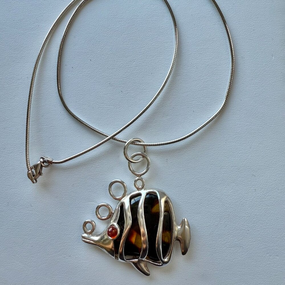 Sterling Silver Baltic Amber Fish on Sterling Snake chain